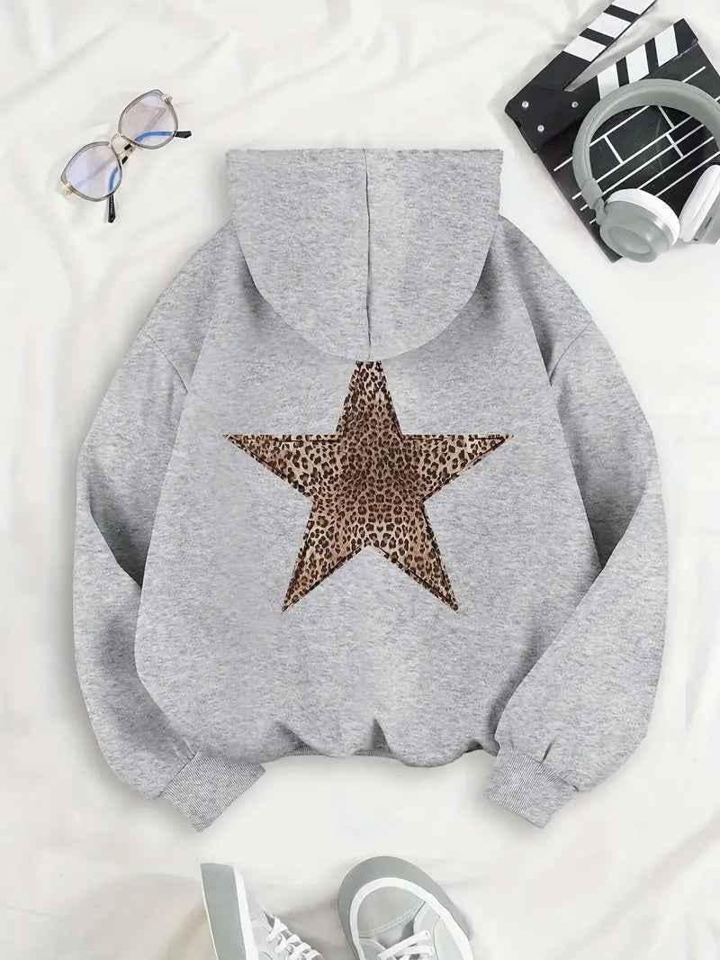 Light grey oversized women's hoodie with a large leopard-print star on the back.