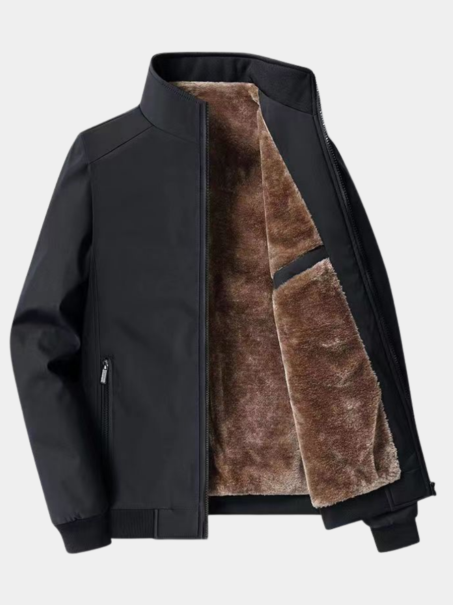 Men's fleece-lined zip jacket with a ribbed stand collar.
