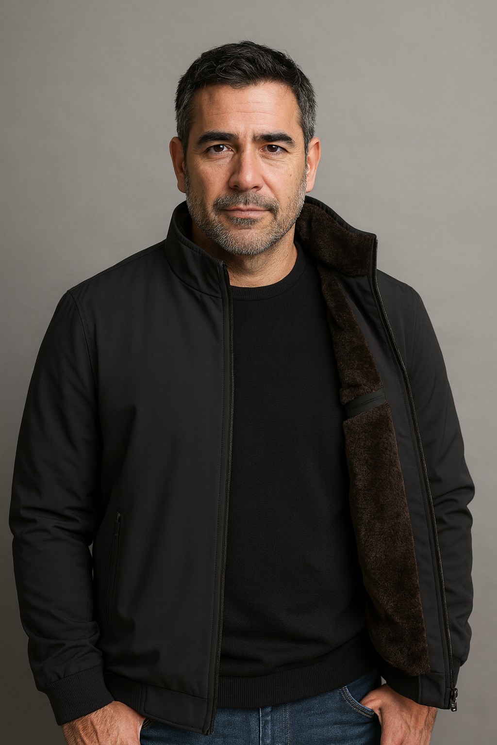 Men's fleece-lined zip jacket with a ribbed stand collar.