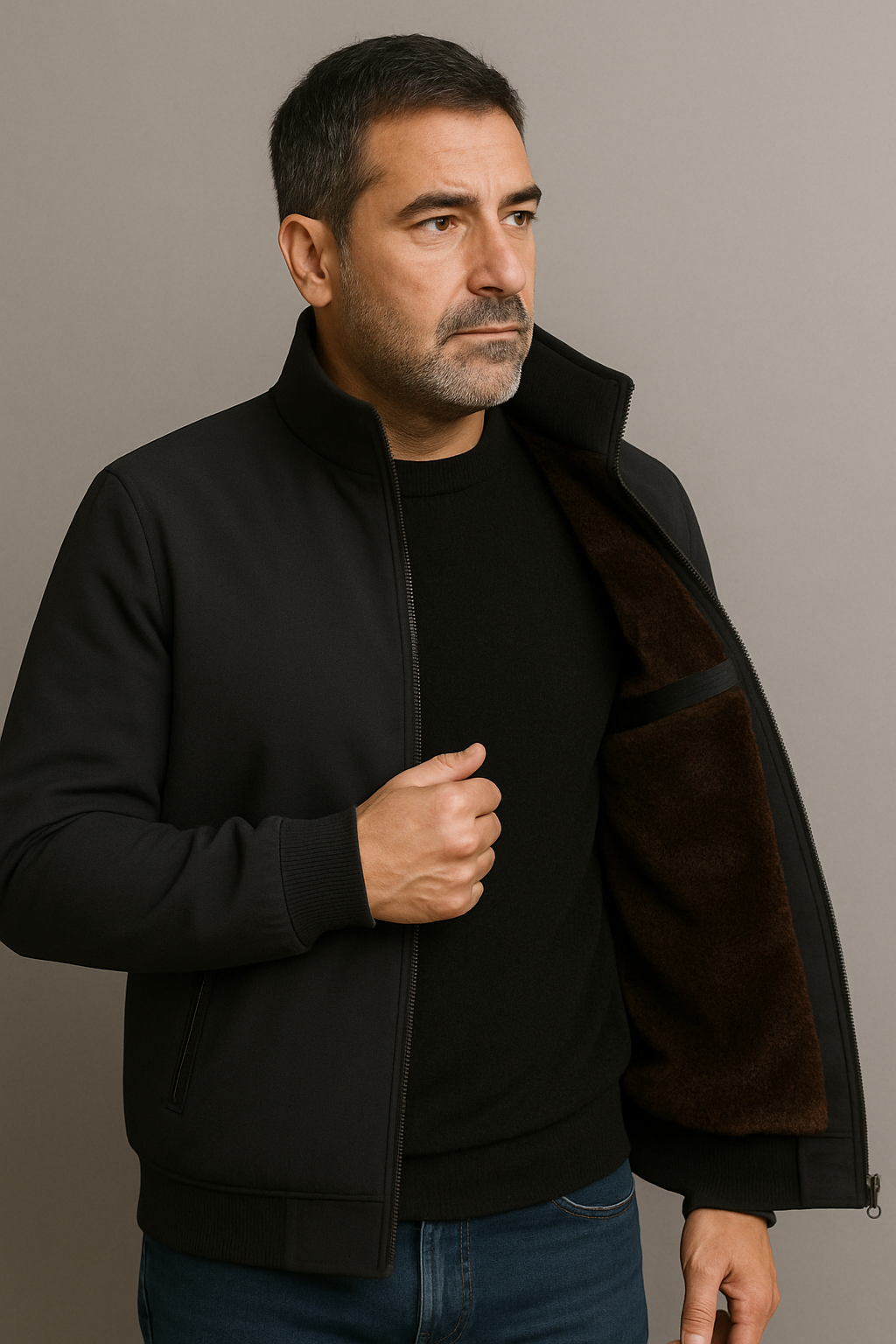 Men's fleece-lined zip jacket with a ribbed stand collar.