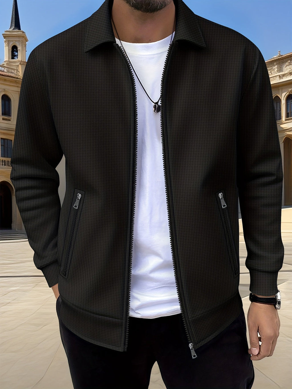 Kamron waffle-textured zip jacket black