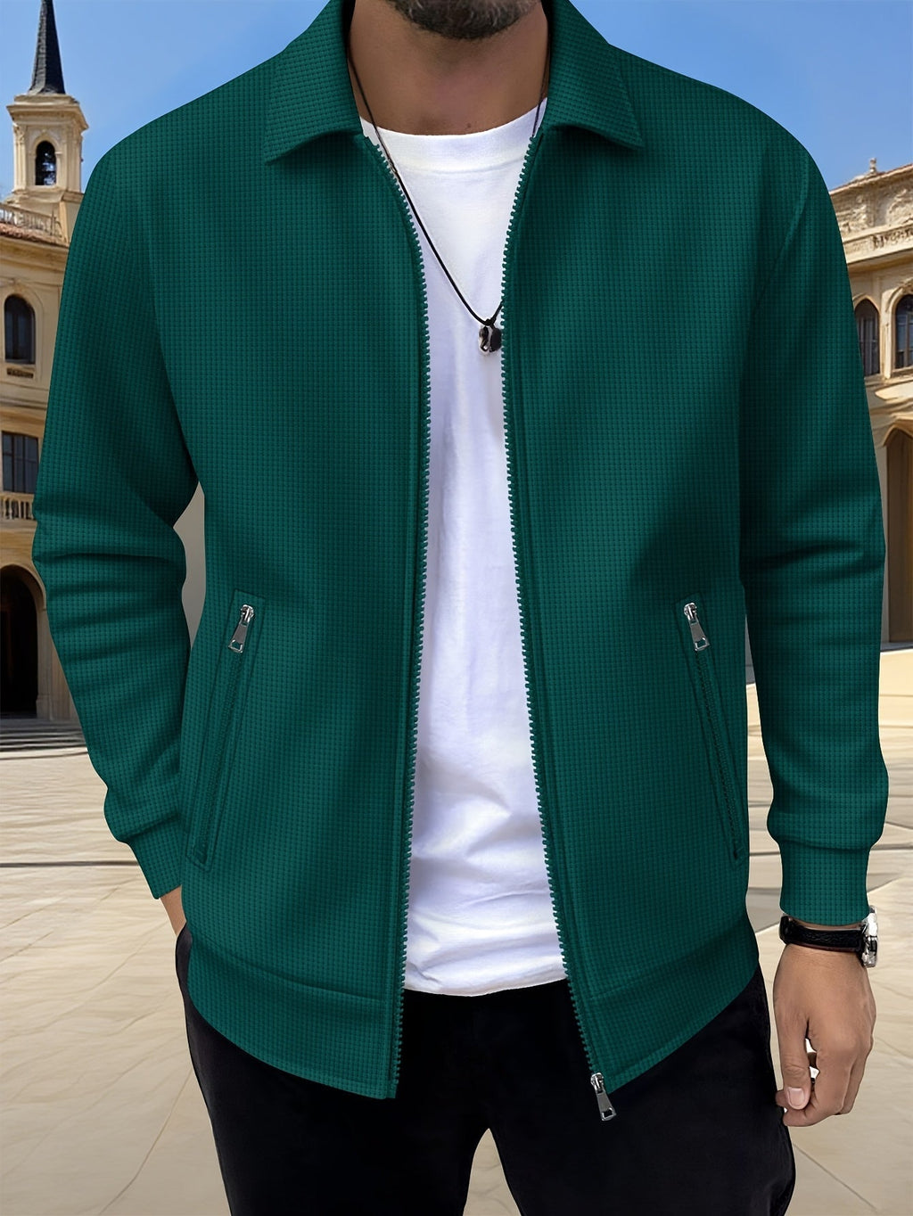 Kamron waffle-textured zip jacket dark green