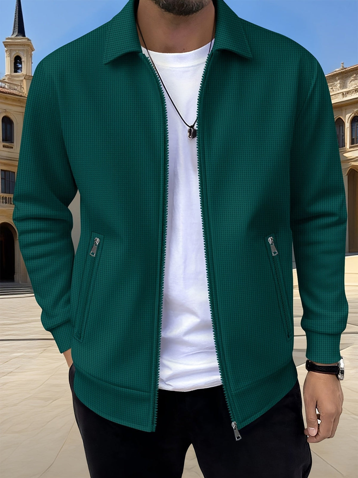 Kamron waffle-textured zip jacket dark green