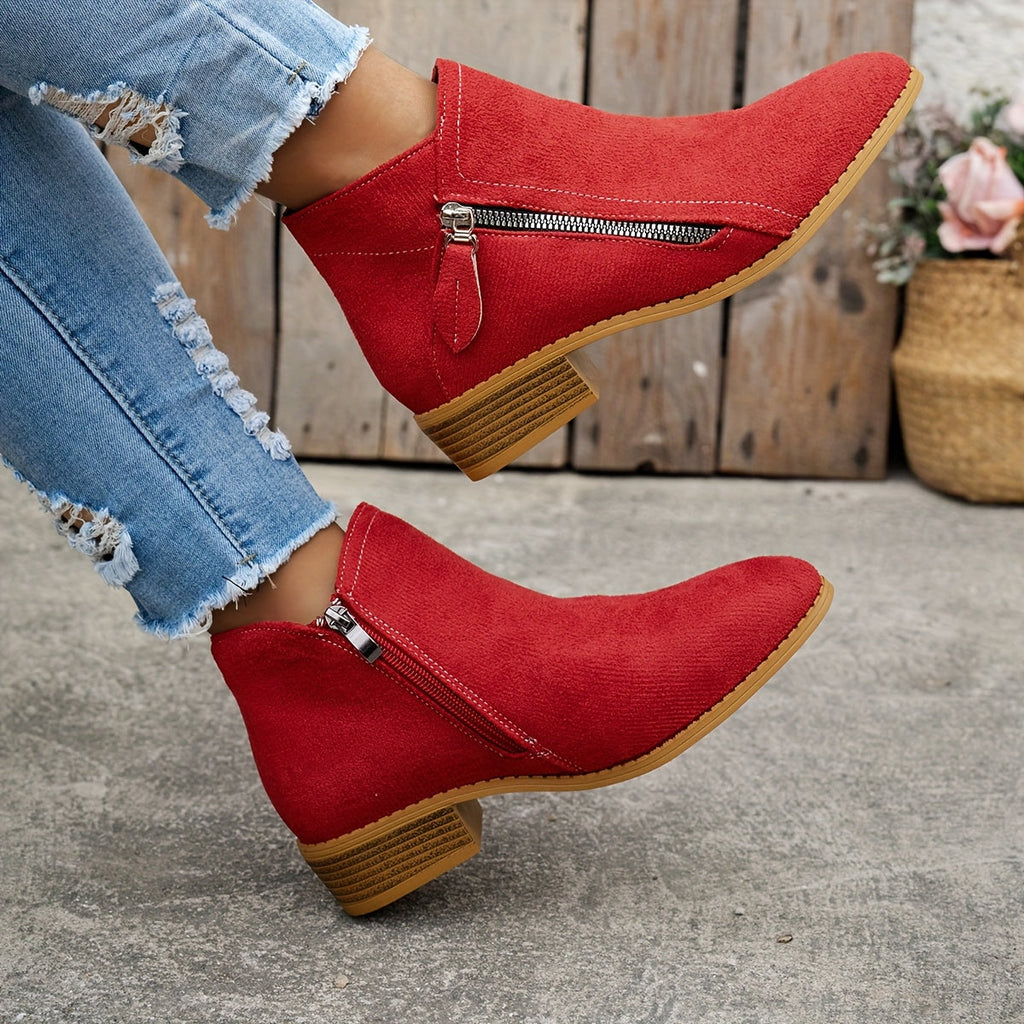 Women's block heel shoes in navy blue, featuring a zip closure and a modern, comfortable design. 8