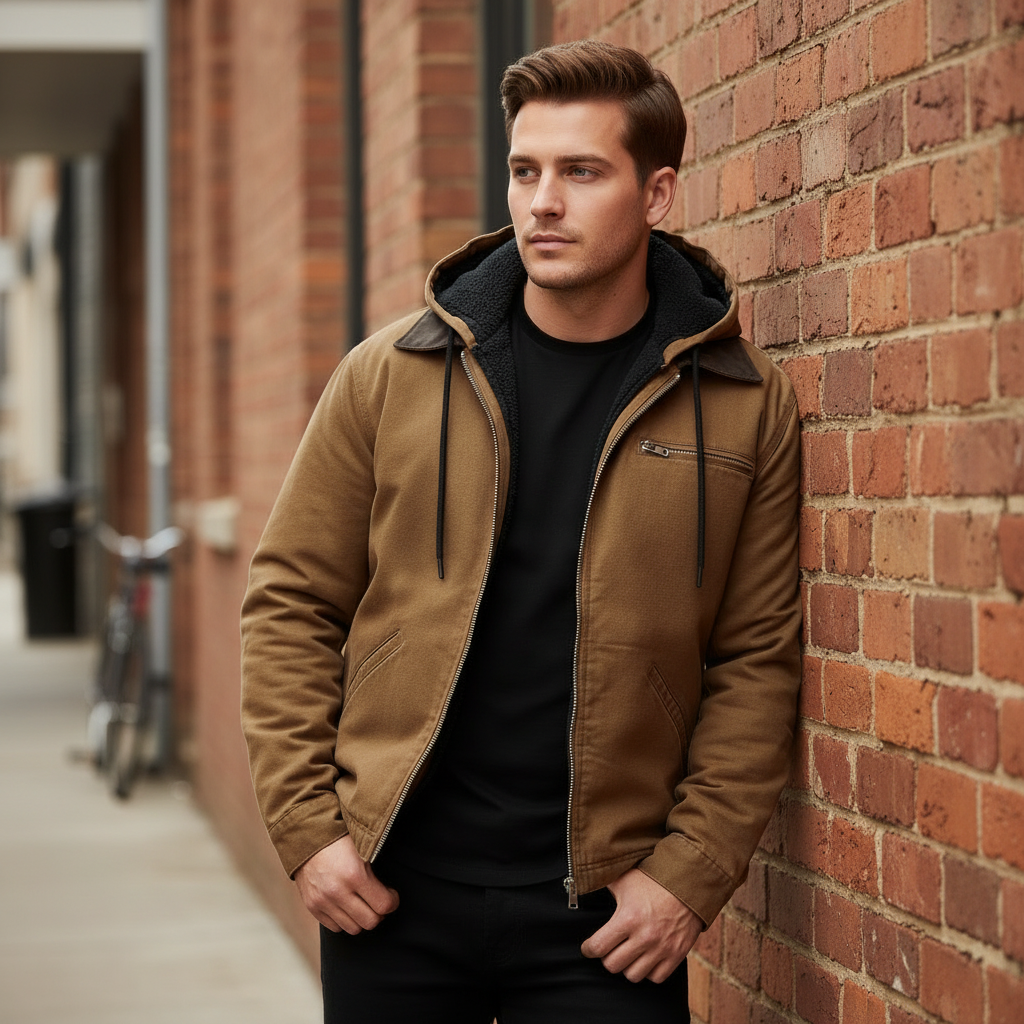 Keaton fleece-lined hooded jacket, brown, worn