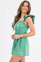 Kelly green acid wash denim romper with ruffle cap sleeves, casual style perfect for warm weather. 4
