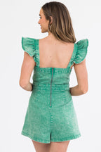 Kelly green acid wash denim romper with ruffle cap sleeves, casual style perfect for warm weather. 5