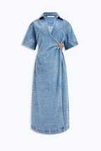 Kendall Denim Wrap Midi Dress Short Sleeve 100% Cotton 0