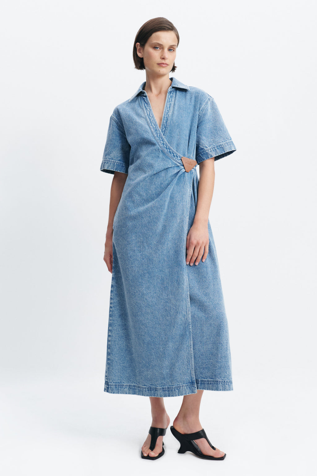 Kendall Denim Wrap Midi Dress Short Sleeve 100% Cotton 1