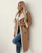 Kimberly longline coat in khaki, worn front view