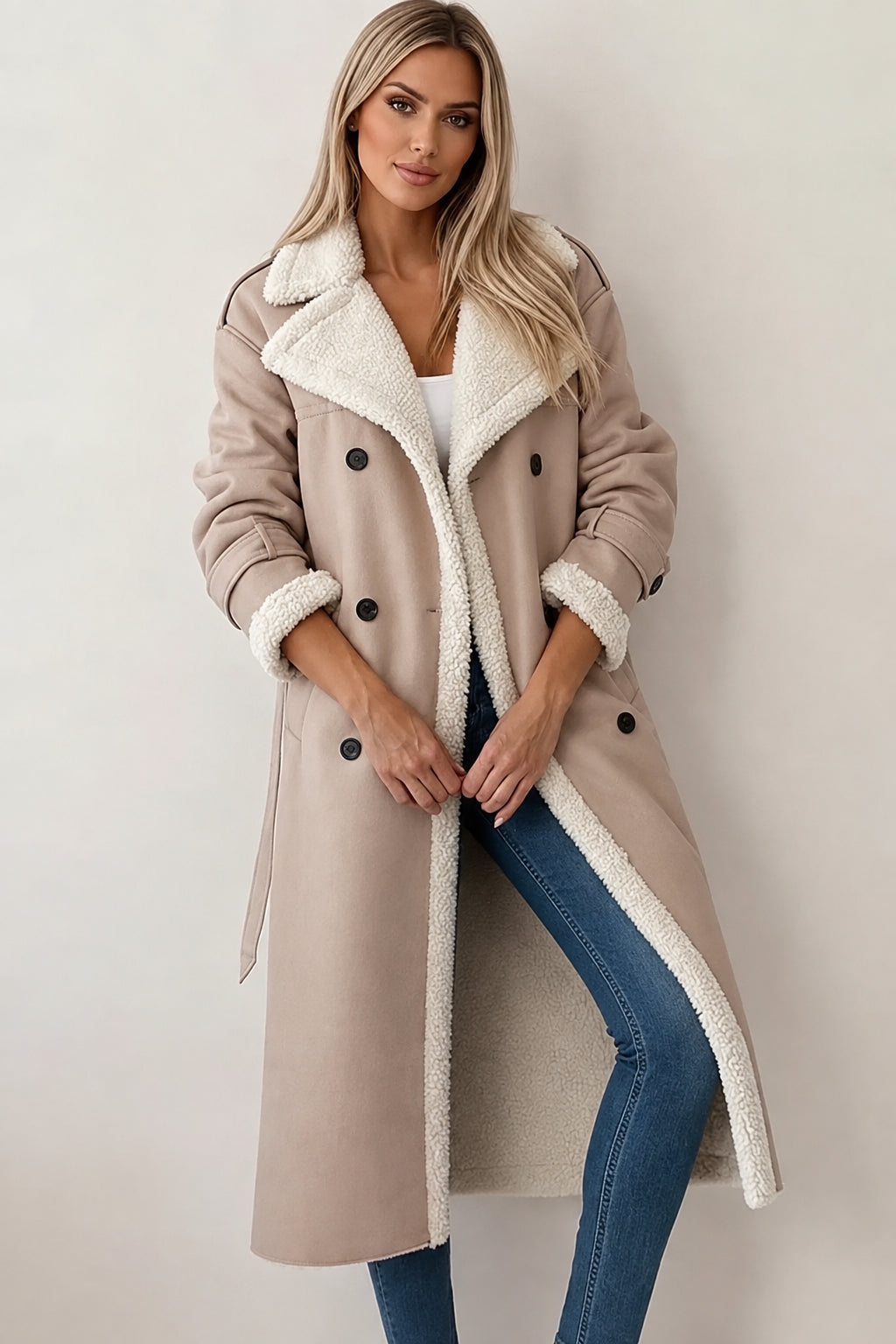 Kimberly longline coat in beige, worn front view