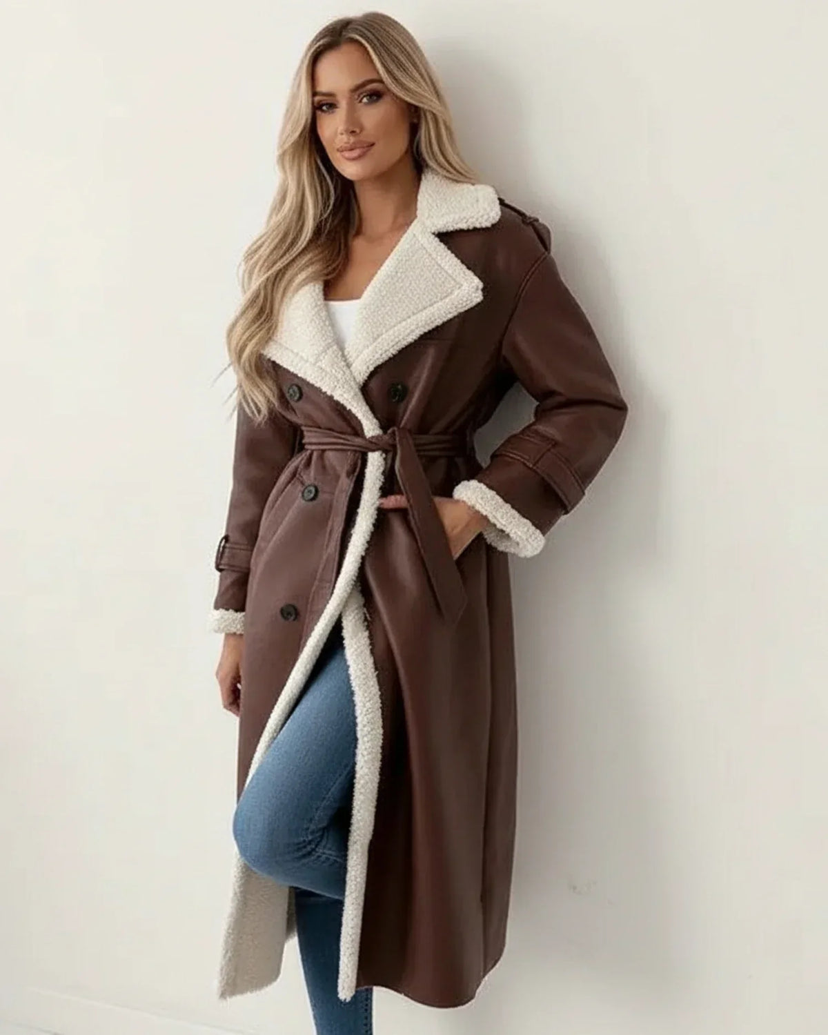 Kimberly longline coat in brown, worn front view