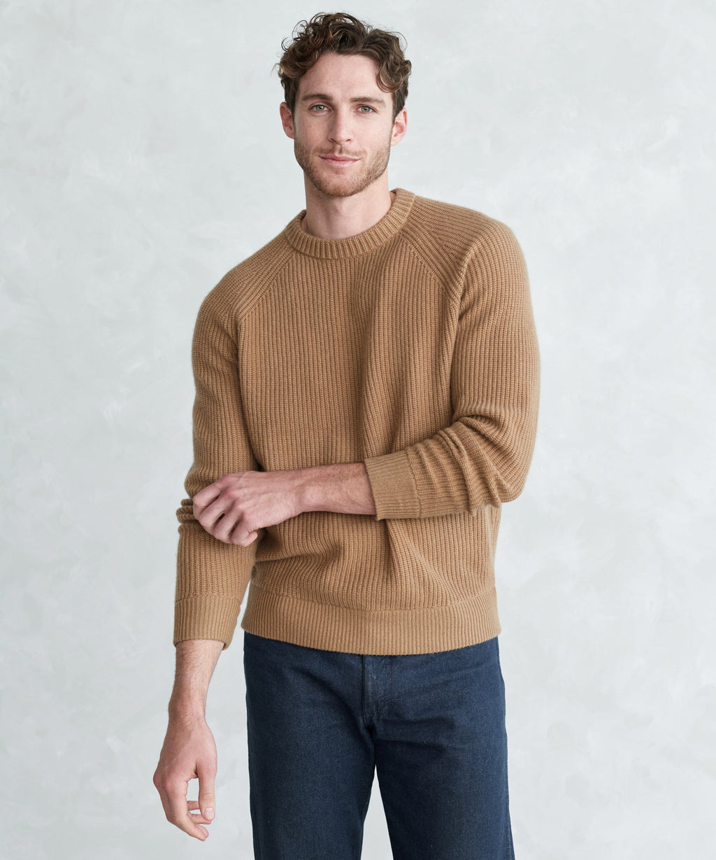 Leif Men's Fisherman Sweater Camel Straight Fit Lightweight Wool Cashmere 0