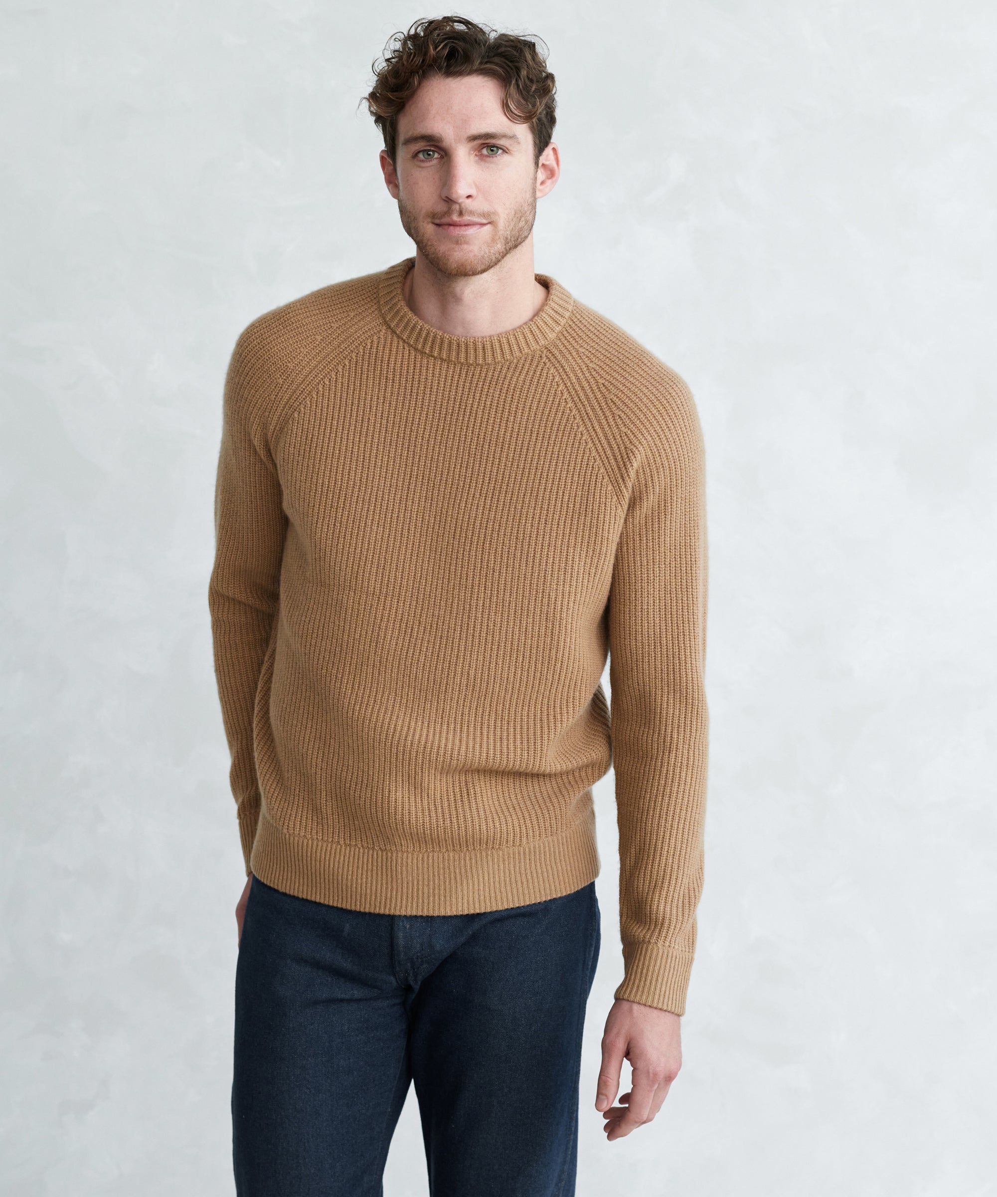 Leif Men's Fisherman Sweater Camel Straight Fit Lightweight Wool Cashmere 1