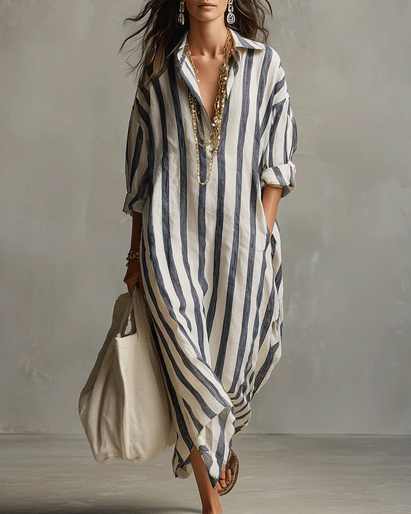 Lelly striped notched collar maxi dress, blue and white stripes