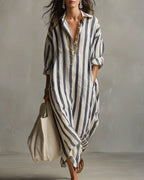Lelly striped notched collar maxi dress, blue and white stripes