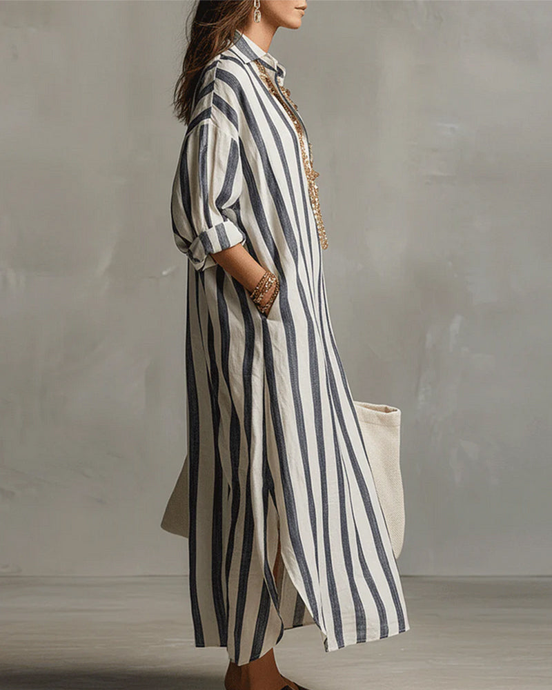 Lelly striped notched collar maxi dress, blue and white stripes