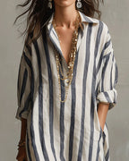 Lelly striped notched collar maxi dress, blue and white stripes