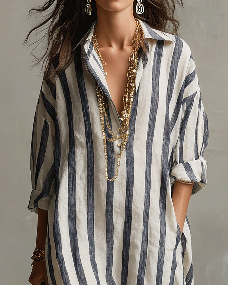 Lelly striped notched collar maxi dress, blue and white stripes