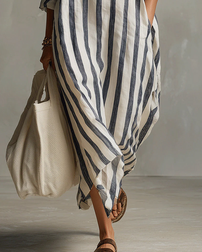 Lelly striped notched collar maxi dress, blue and white stripes