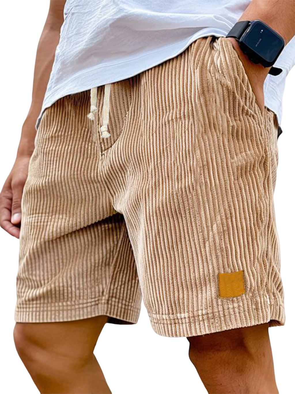 Liam casual shorts in light beige corded fabric with an adjustable drawstring for a relaxed fit. 10