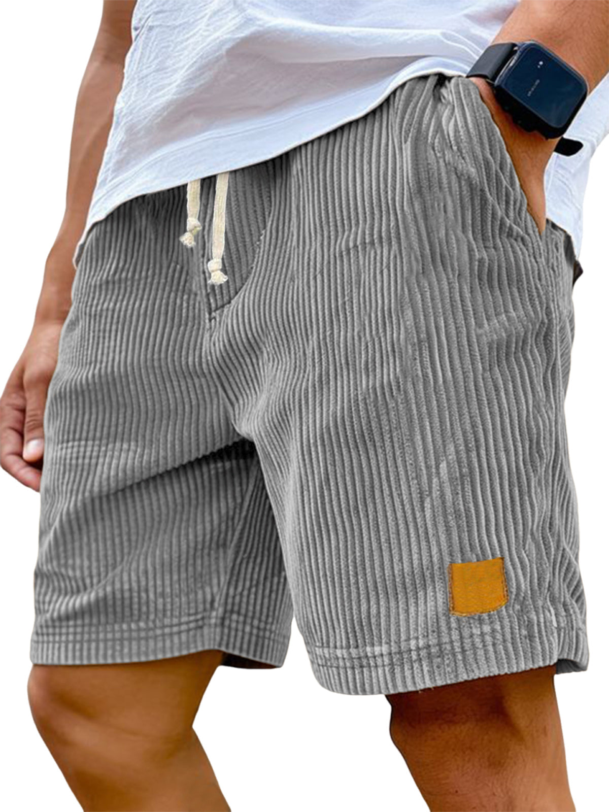 Liam casual shorts in light beige corded fabric with an adjustable drawstring for a relaxed fit. 4