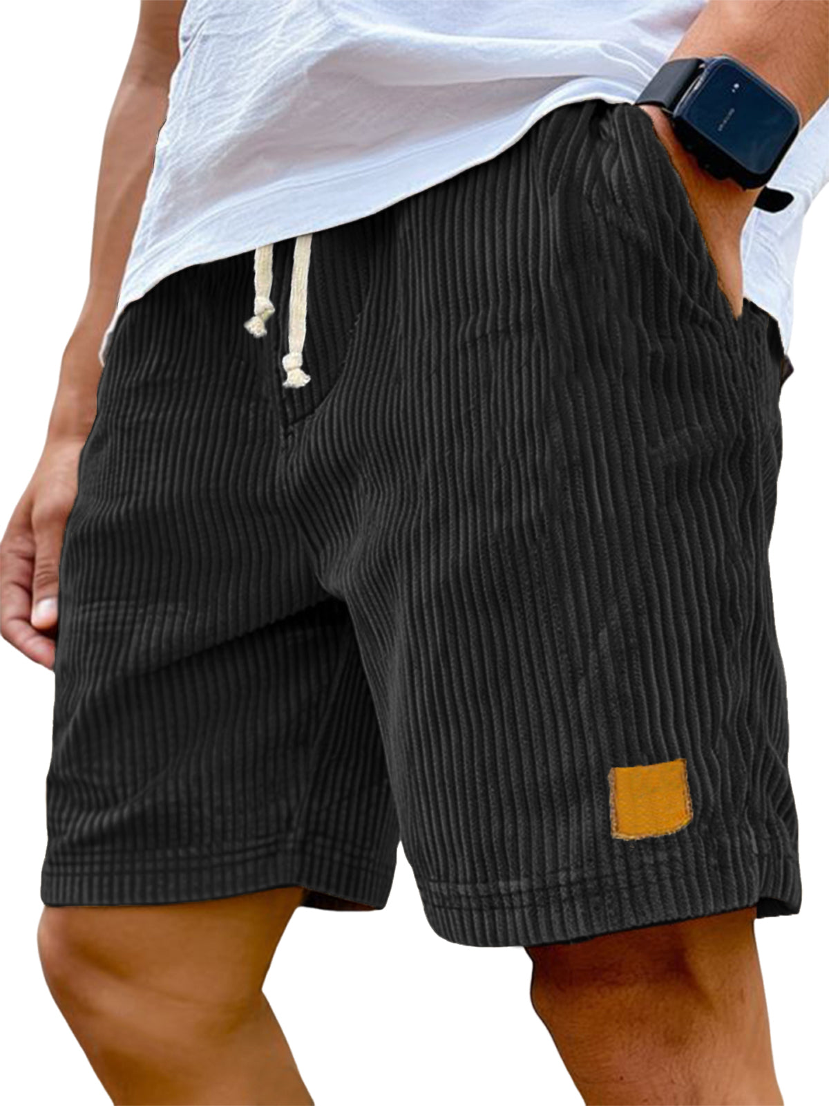 Liam casual shorts in light beige corded fabric with an adjustable drawstring for a relaxed fit. 9