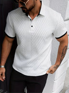 Liam long sleeve polo shirt in navy blue, featuring a structured collar and button front design. 3