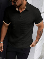 Liam long sleeve polo shirt in navy blue, featuring a structured collar and button front design. 4