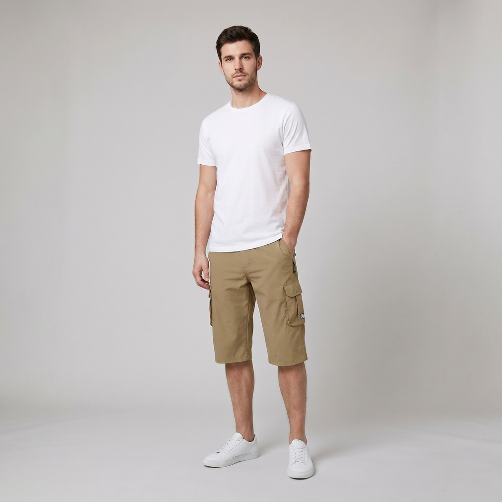 Liam men's cargo shorts in olive green, featuring a quick-drying fabric and multiple spacious pockets for outdoor use. 0