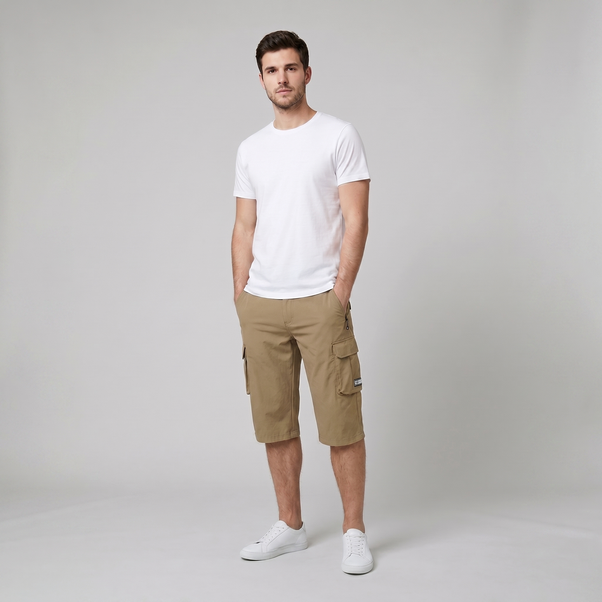 Liam men's cargo shorts in olive green, featuring a quick-drying fabric and multiple spacious pockets for outdoor use. 1