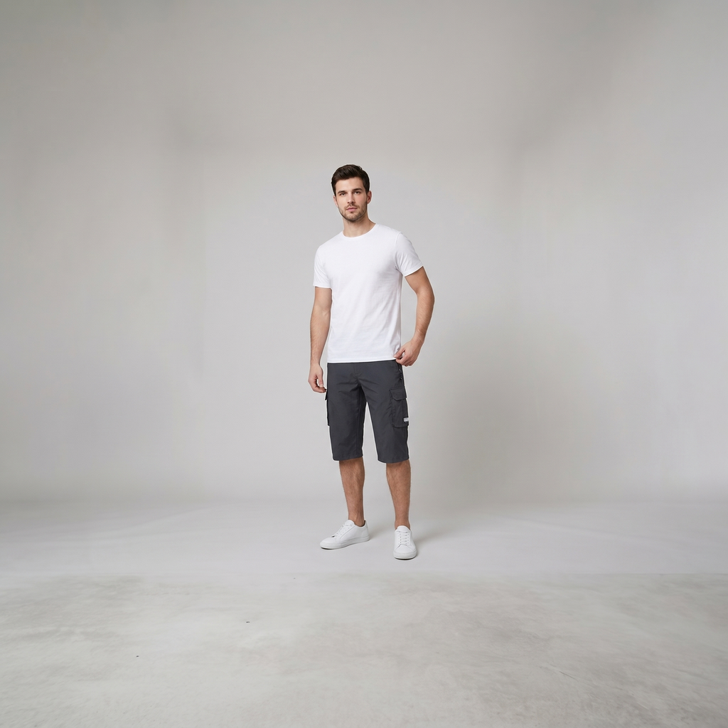 Liam men's cargo shorts in olive green, featuring a quick-drying fabric and multiple spacious pockets for outdoor use. 3