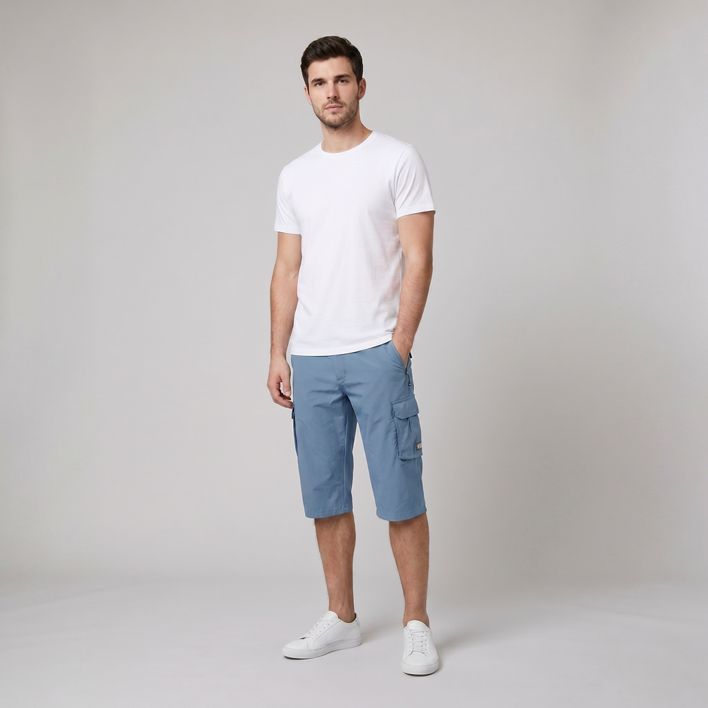 Liam men's cargo shorts in olive green, featuring a quick-drying fabric and multiple spacious pockets for outdoor use. 7