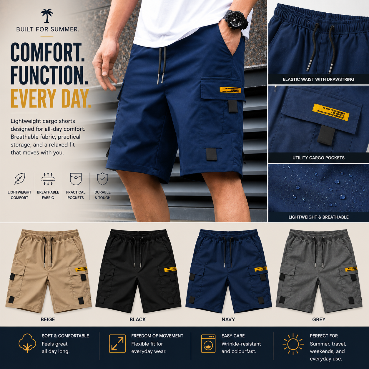 Men's lightweight cargo shorts in khaki, featuring a multi-pocket design for practicality and comfort. 2