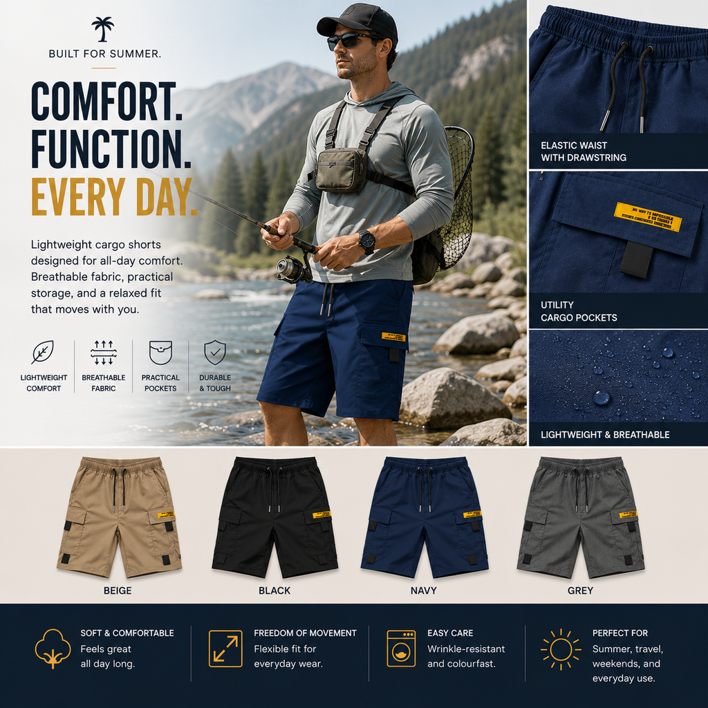 Men's lightweight cargo shorts in khaki, featuring a multi-pocket design for practicality and comfort. 3