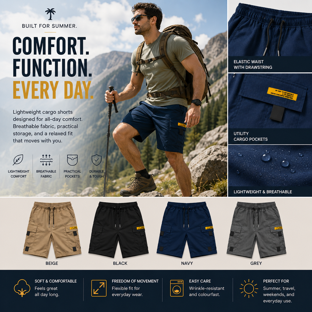 Men's lightweight cargo shorts in khaki, featuring a multi-pocket design for practicality and comfort. 5