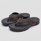 Men's flip flops in navy blue, featuring arch support and a sleek, water-resistant design. 1