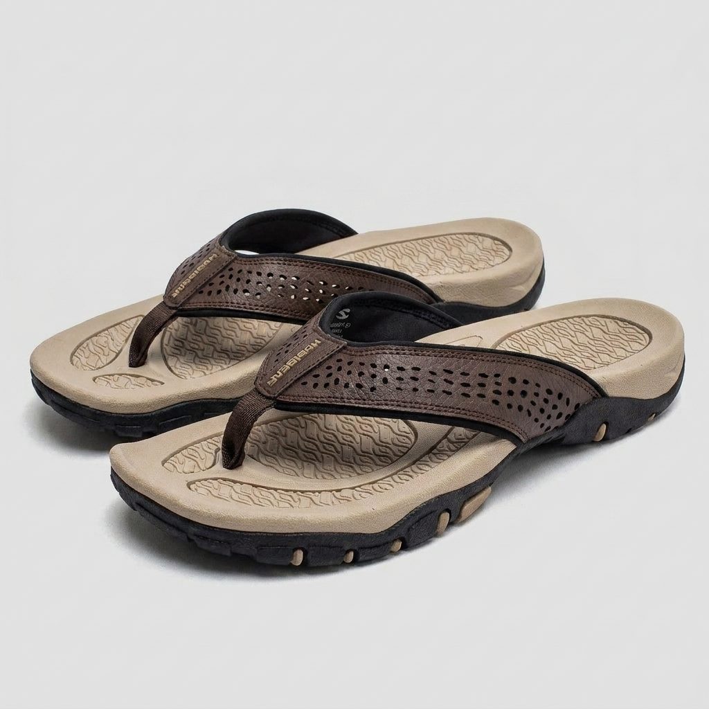 Men's flip flops in navy blue, featuring arch support and a sleek, water-resistant design. 2