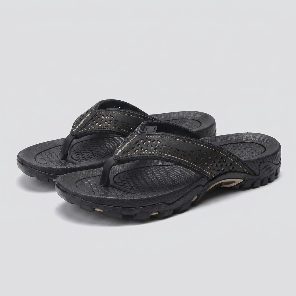 Men's flip flops in navy blue, featuring arch support and a sleek, water-resistant design. 3