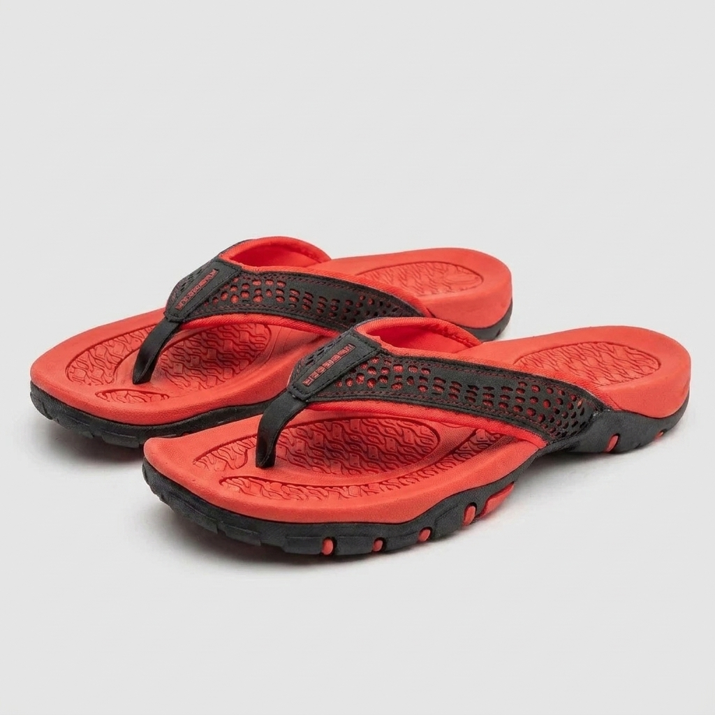 Men's flip flops in navy blue, featuring arch support and a sleek, water-resistant design. 9