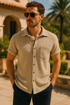 Light blue short sleeve casual shirt with a classic collar, made from breathable fabric. 0