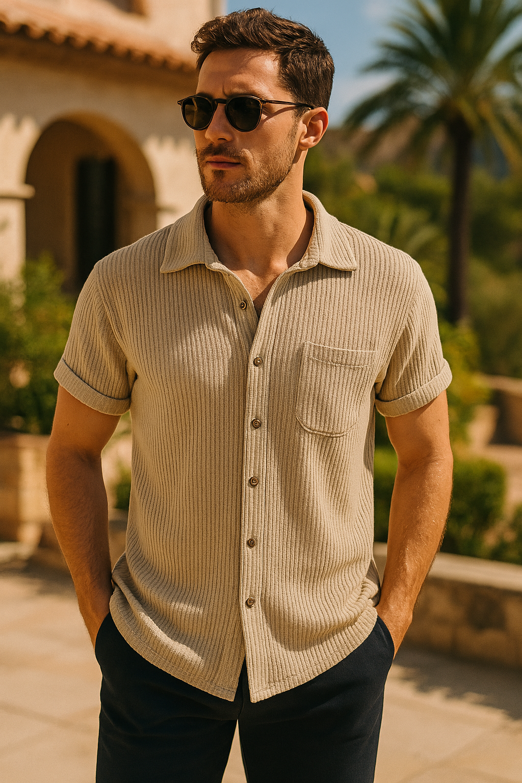 Light blue short sleeve casual shirt with a classic collar, made from breathable fabric. 0