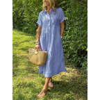 Liam striped shirt dress in soft cotton blend, featuring a button-down design in soft blue and white stripes. 0