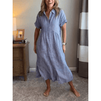 Liam striped shirt dress in soft cotton blend, featuring a button-down design in soft blue and white stripes. 1