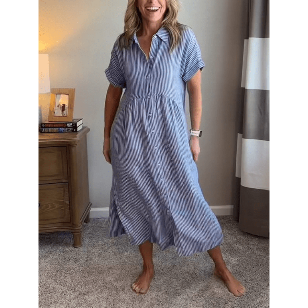Liam striped shirt dress in soft cotton blend, featuring a button-down design in soft blue and white stripes. 1