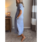 Liam striped shirt dress in soft cotton blend, featuring a button-down design in soft blue and white stripes. 2
