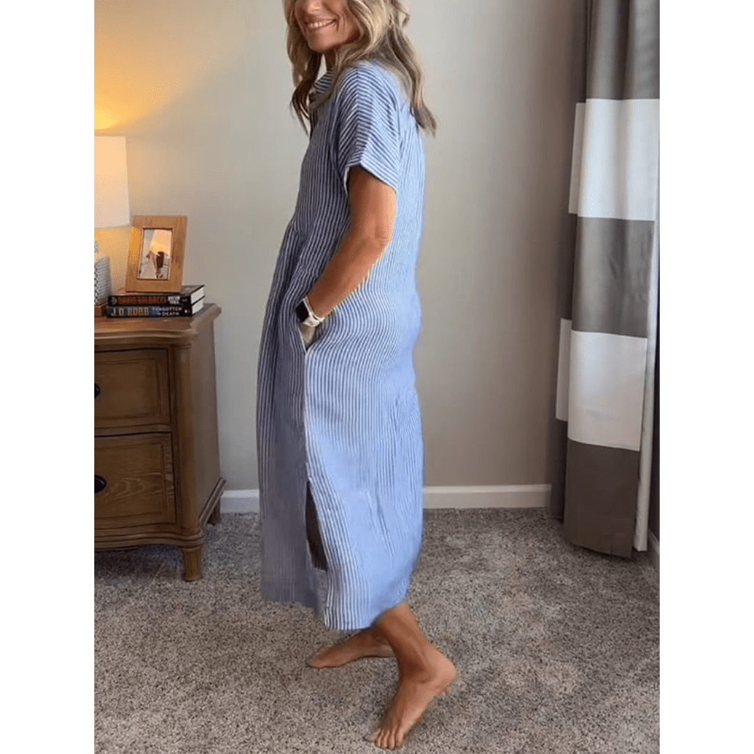 Liam striped shirt dress in soft cotton blend, featuring a button-down design in soft blue and white stripes. 2