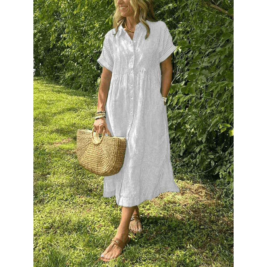 Liam striped shirt dress in soft cotton blend, featuring a button-down design in soft blue and white stripes. 3