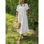 Liam striped shirt dress in soft cotton blend, featuring a button-down design in soft blue and white stripes. 3
