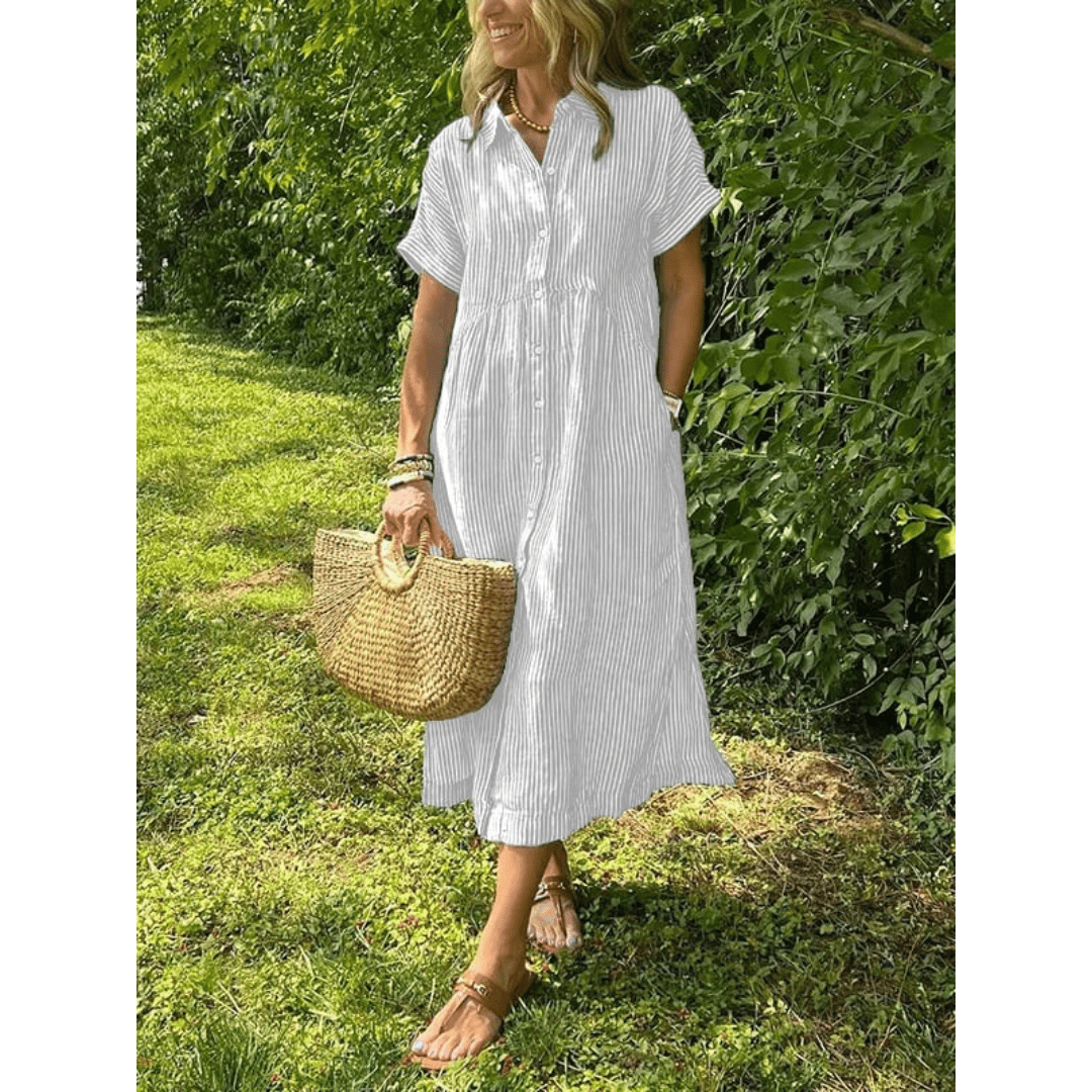 Liam striped shirt dress in soft cotton blend, featuring a button-down design in soft blue and white stripes. 3
